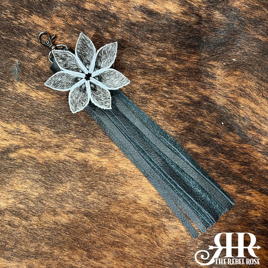 Flower Fringe Tassel -  Grey Cowhide w/Black Fringe