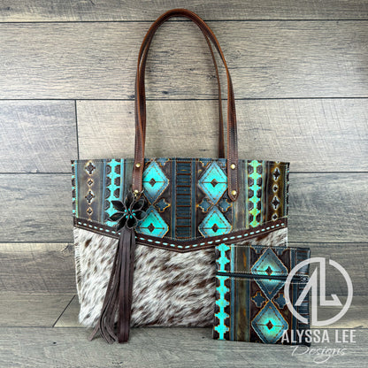 Aubree - Brown & White Cowhide w/Teal Navajo (#005)