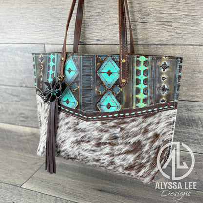 Aubree - Brown & White Cowhide w/Teal Navajo (#005)