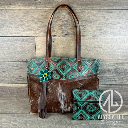 Aubree - Brown Cowhide w/Teal & Copper Aztec (#004)