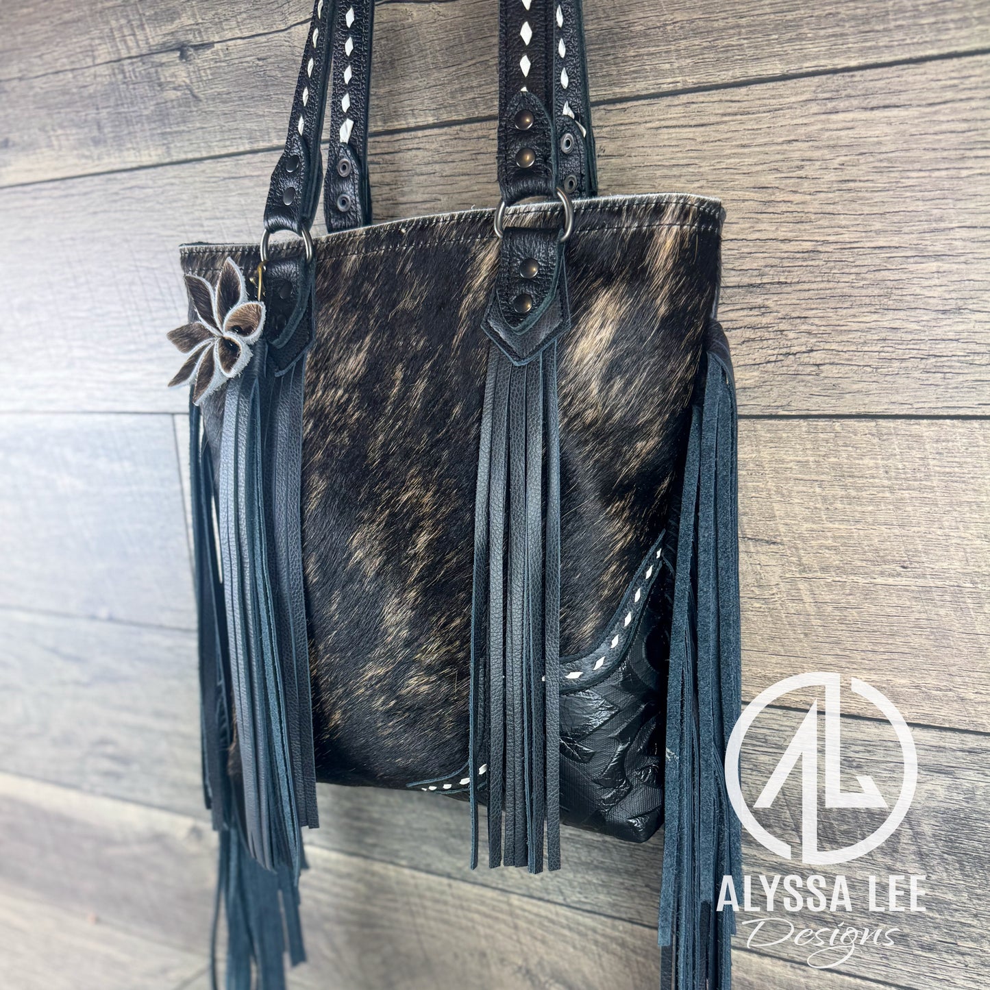 “Harlow” - Black & Buckskin Cowhide w/Buckstitching