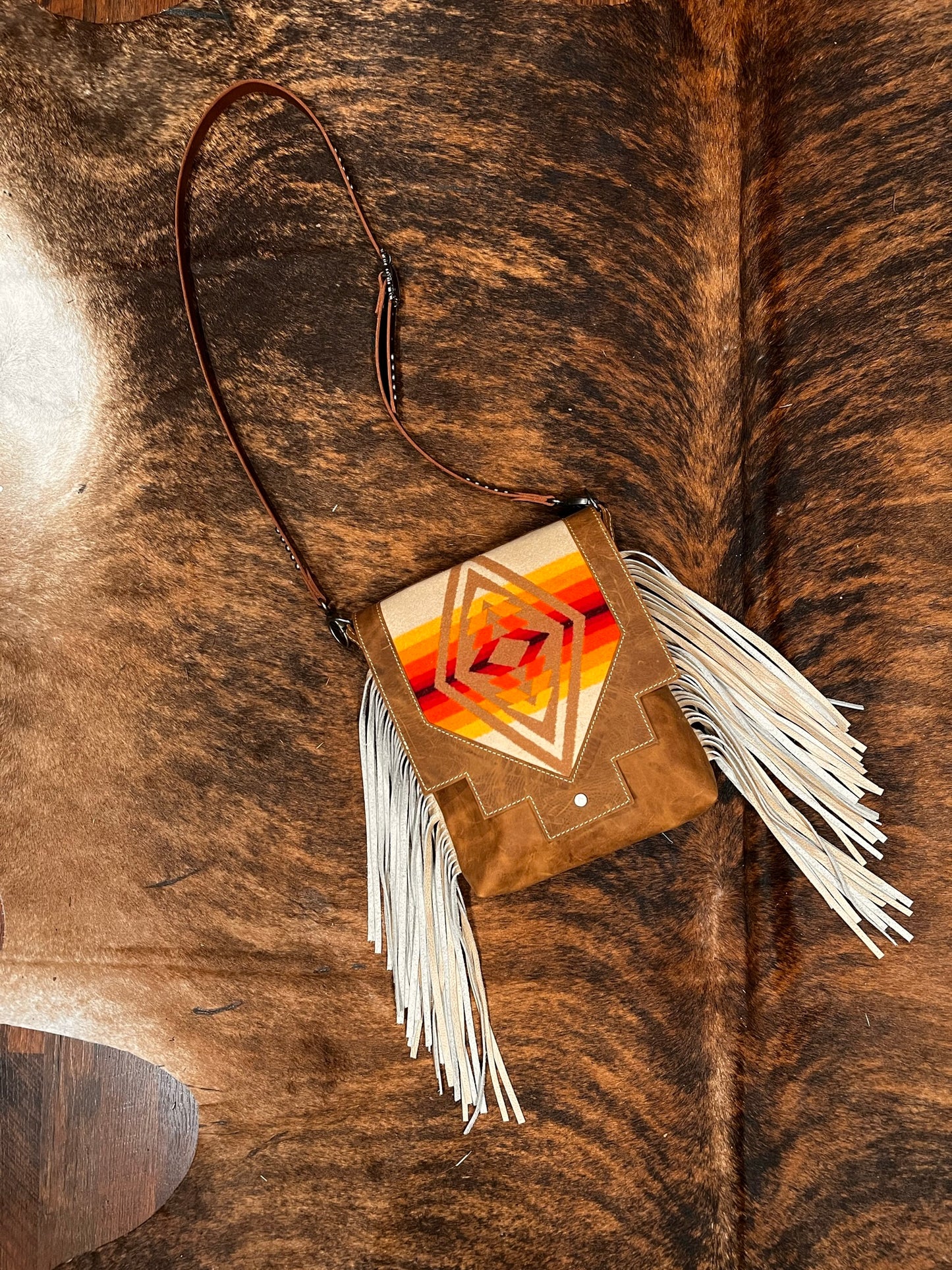 Wynn Crossbody - Tan/Orange Harding with Cream Fringe