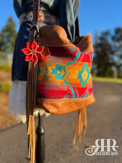 Rosemary Shoulder Bag - Saddle Tan & Turquoise Sunrise