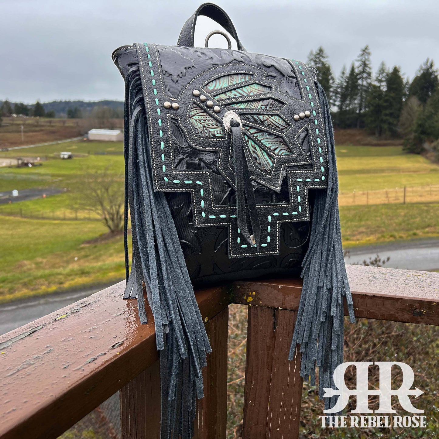 Cassidy Backpack - Turquoise Native Headdress & Black Leather (#002)