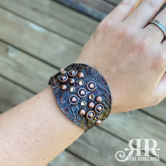 Leather Cuff Bracelet - Princess - Brown Tooled & Copper w/Gold Crystals