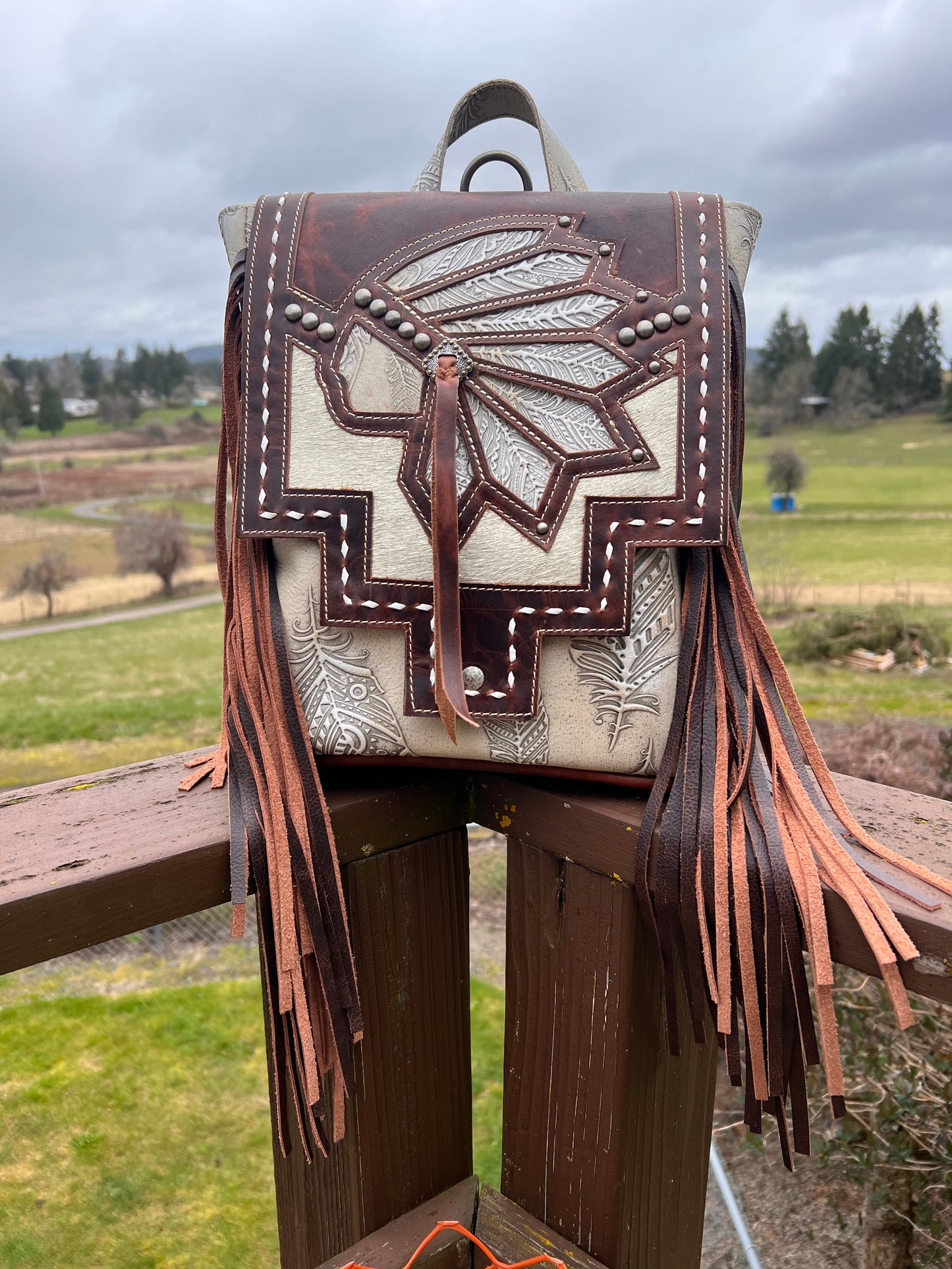 Cassidy Backpack - White Feather Headdress & Pearl Cowhide (#004)