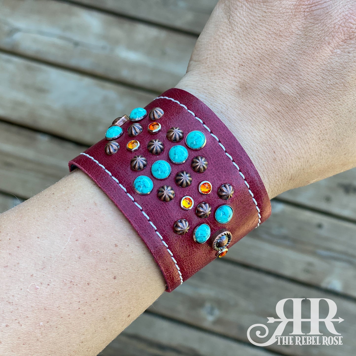 Leather Cuff Bracelet - Straight - Red w/Fire Opal & Turquoise