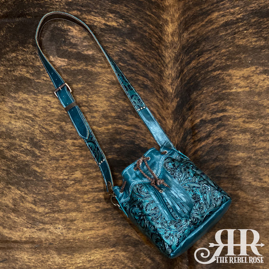 Turquoise Tooled Marjan Drawstring Bag